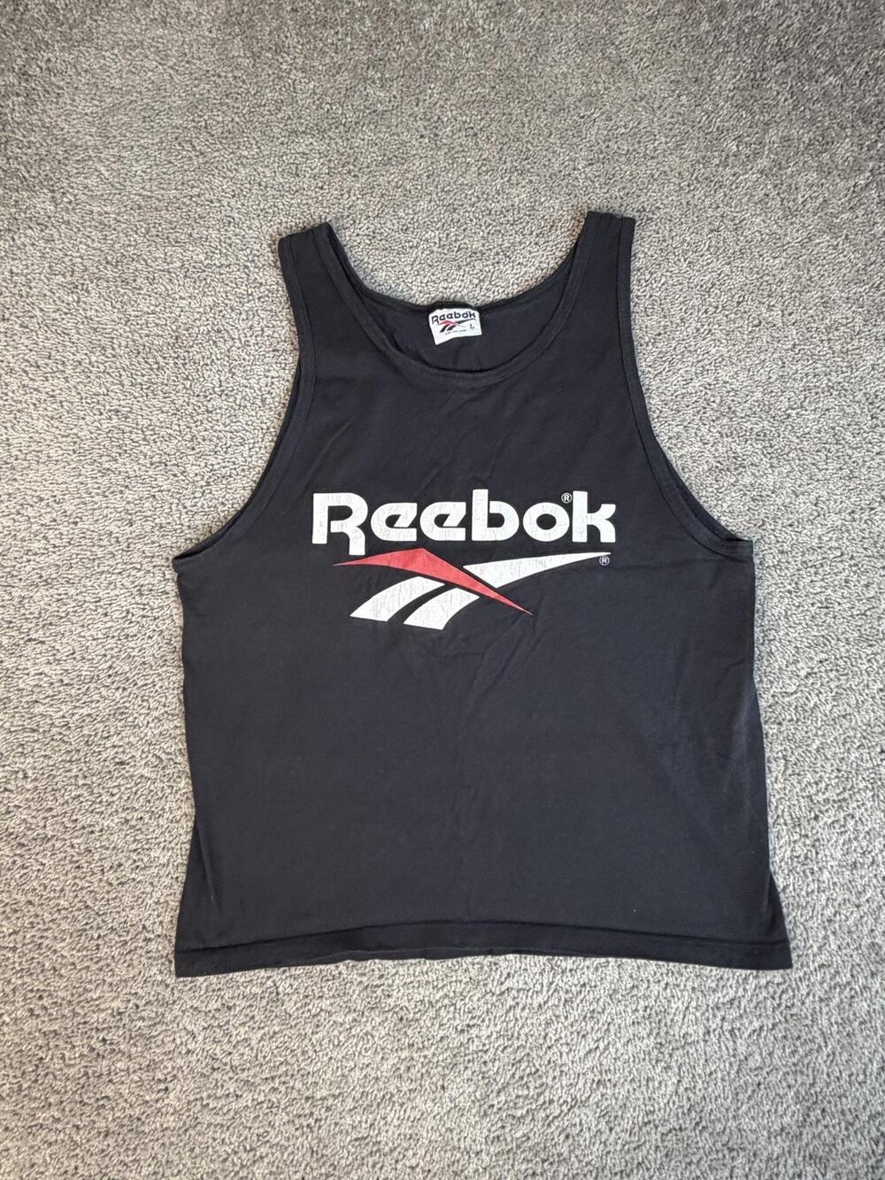 VTG Reebok Shirt Mens L Black Logo Graphic Crew Neck Sleeveless Cotton USA Made